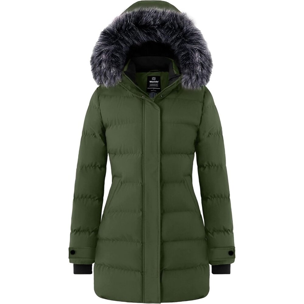 Women's Green Long Quilted Winter Coat Puffer Jacket With Hood